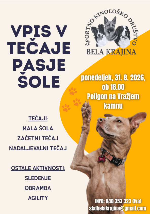 vpis v tečaj šolanja psov jesen 2026